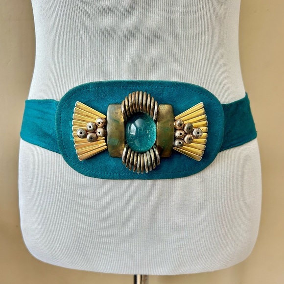 Vintage Laise Adzer Blue Suede Leather Wide Art Deco Belt Boho Chic Statement - Picture 2 of 13